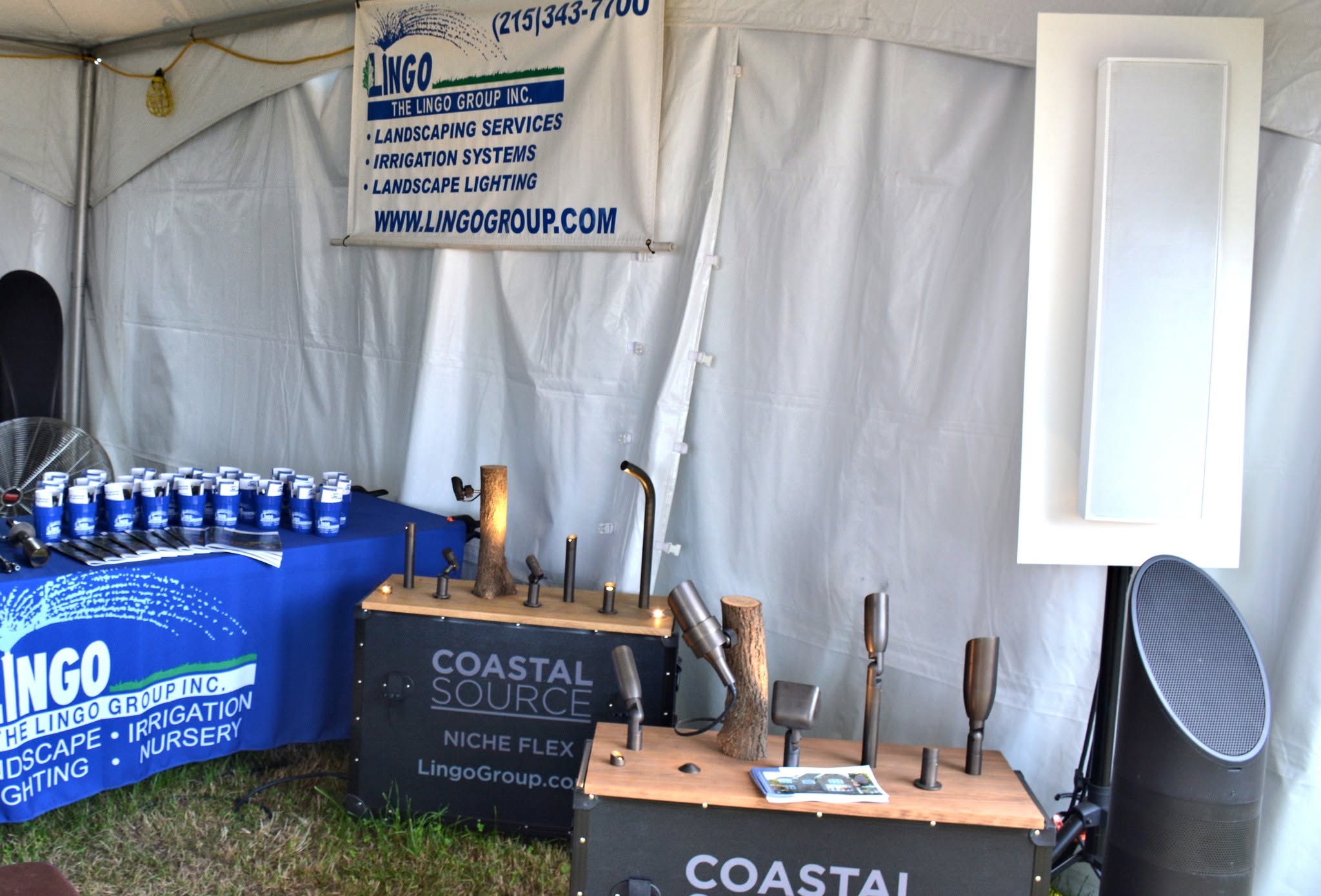 Coastal Source outdoor speakers and lighting on display at a Lingo Group event in Bucks County PA