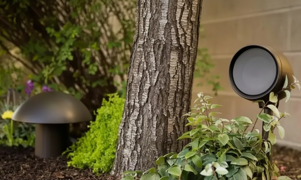 Hidden outdoor speakers professionally installed in a Bucks County backyard landscape by The Lingo Group