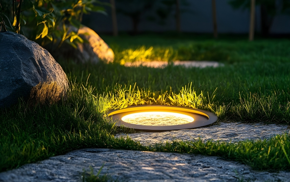Professional outdoor lighting installation on a stone home in Chalfont, PA